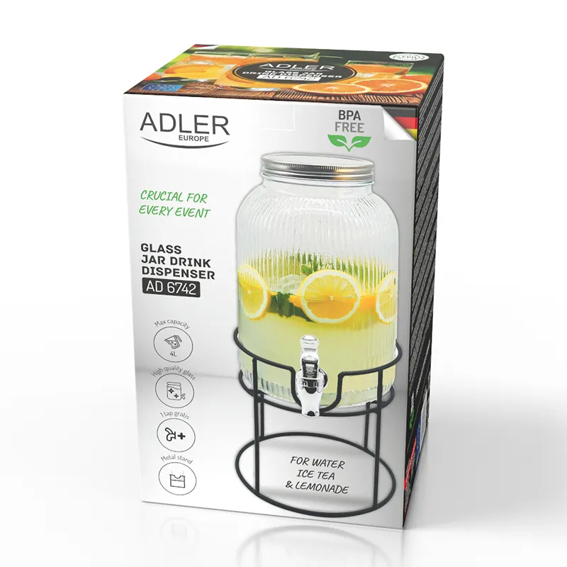 Dozator de bauturi din sticla Adler AD 6742, 4 L cu stand si robinet