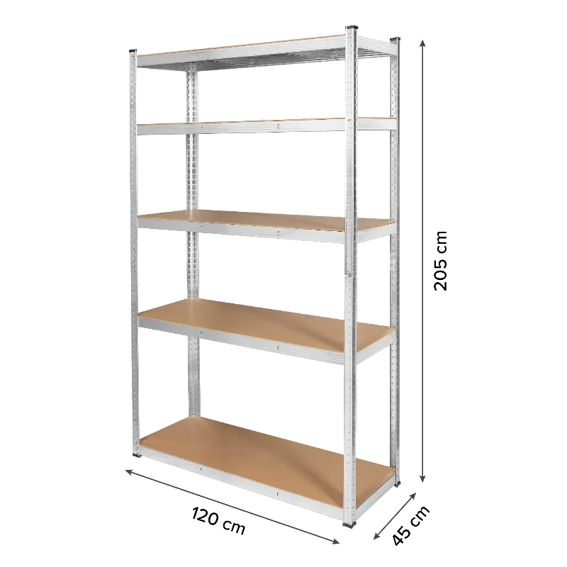 Raft metalic de depozitare Rebel, 5 polite MDF, 205 x 120 x 45 cm, 875 kg, argintiu