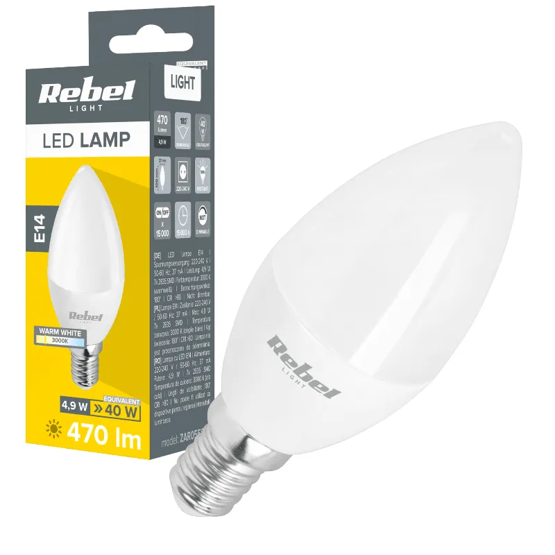 Bec LED E14 lumanare Rebel 4,9 W, 470 lm, 3000 K, alb cald