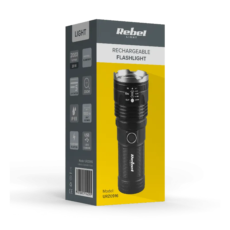 Lanterna reincarcabila LED cu zoom Rebel URZ0916, 20 W