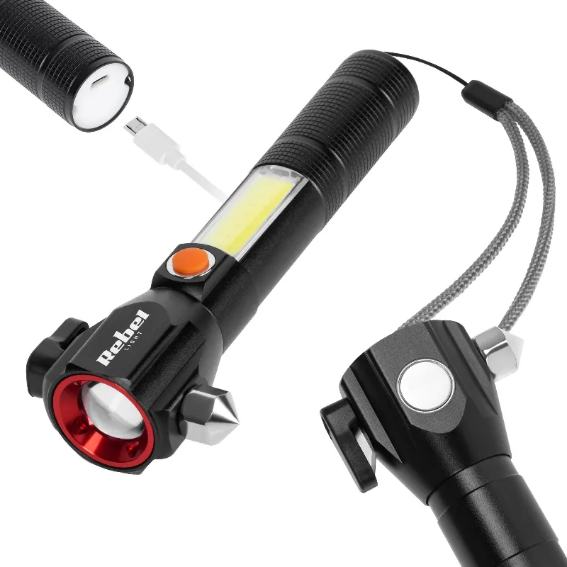 Lanterna multifunctionala cu acumulator Rebel URZ0941, zoom, ciocan si cutit