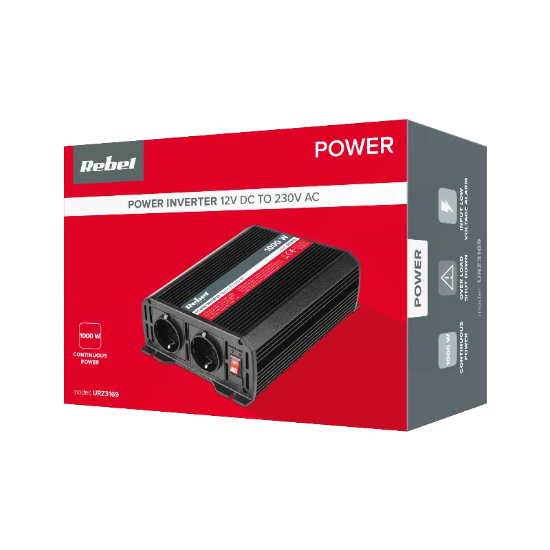 Invertor 12 V DC / 230 V AC 1000 W cu 2 prize tip F Rebel