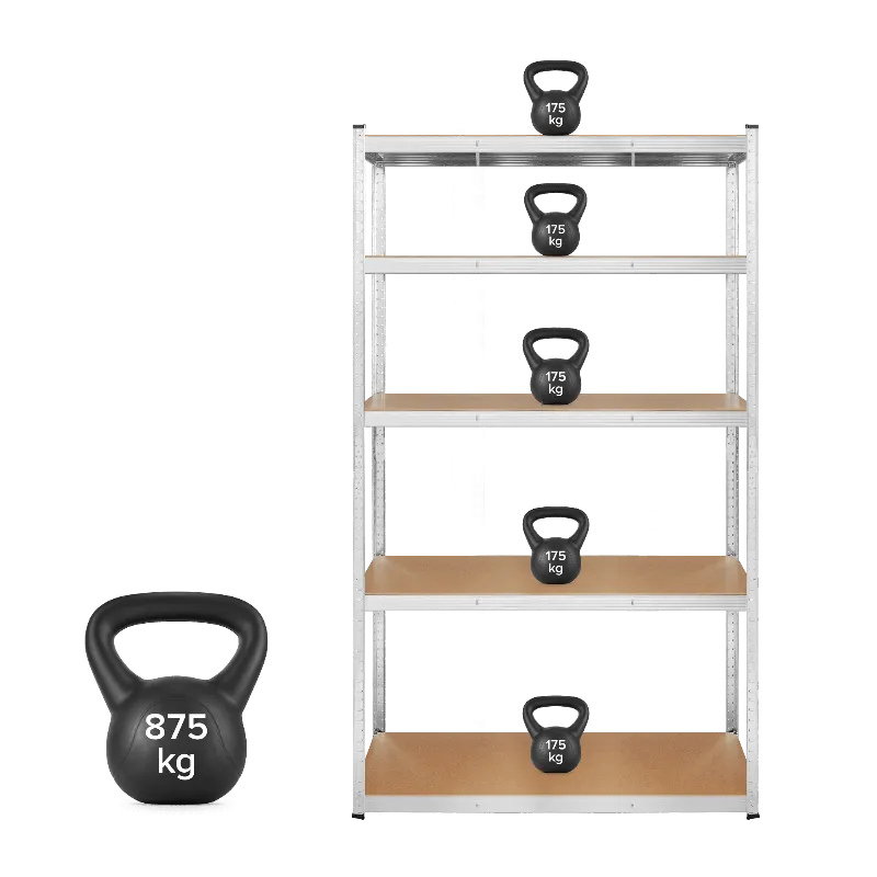 Raft metalic de depozitare Rebel, 5 polite MDF, 205 x 120 x 45 cm, 875 kg, argintiu