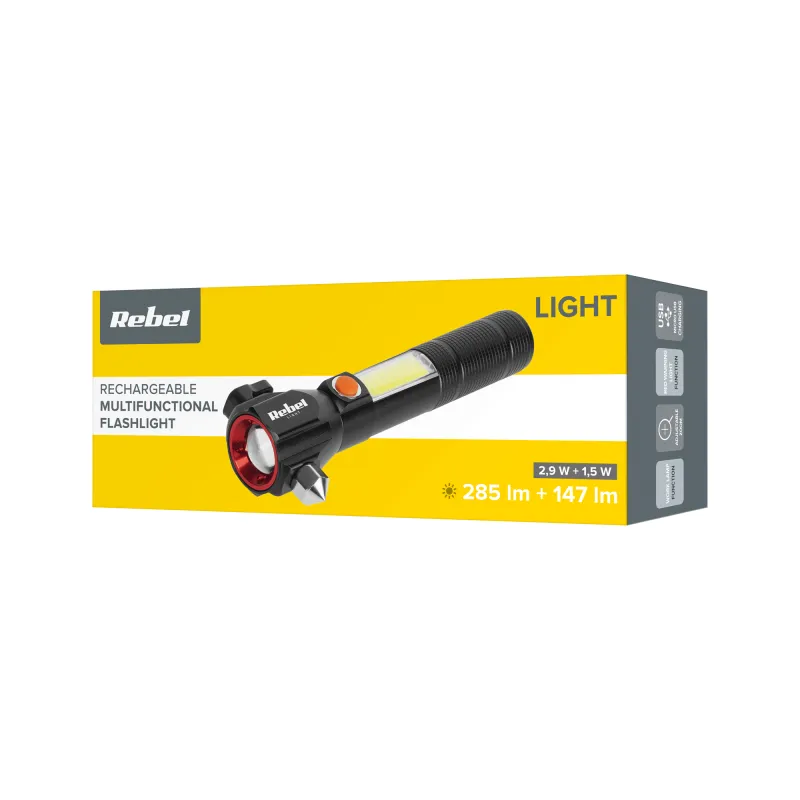 Lanterna multifunctionala cu acumulator Rebel URZ0941, zoom, ciocan si cutit