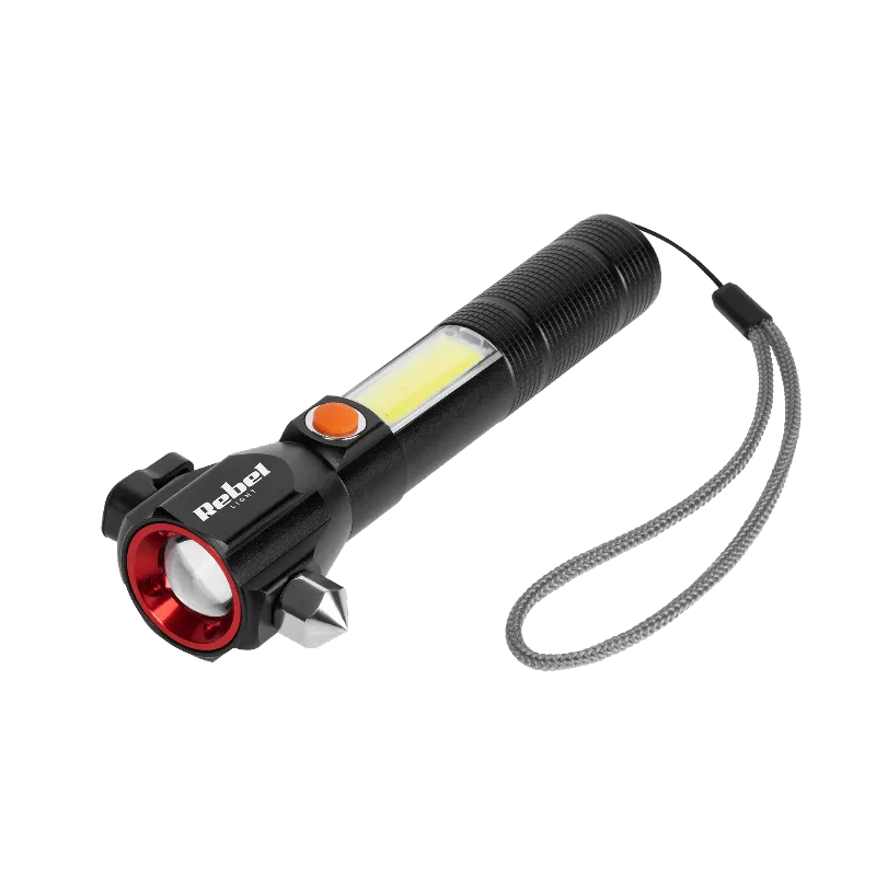 Lanterna multifunctionala cu acumulator Rebel URZ0941, zoom, ciocan si cutit