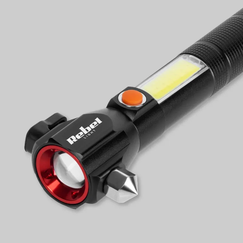 Lanterna multifunctionala cu acumulator Rebel URZ0941, zoom, ciocan si cutit