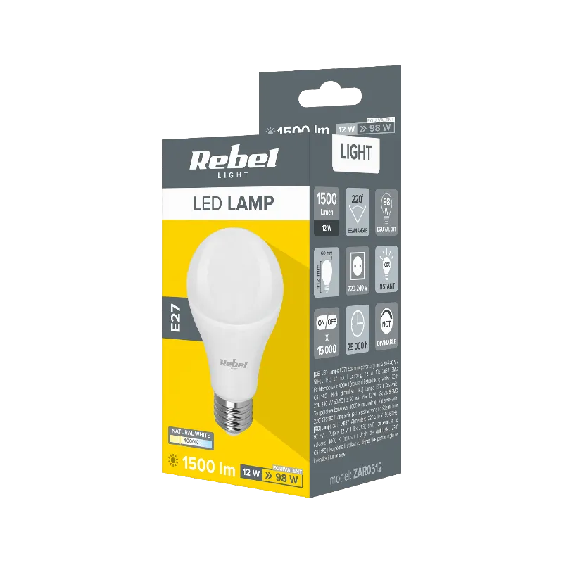 Bec LED A60 E27 12W 4000K 230V Rebel