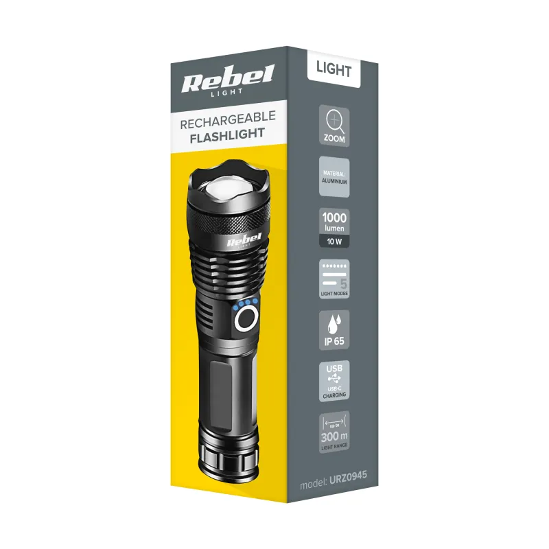 Lanterna LED Rebel 10 W zoom 1000 lm IP65 USB-C