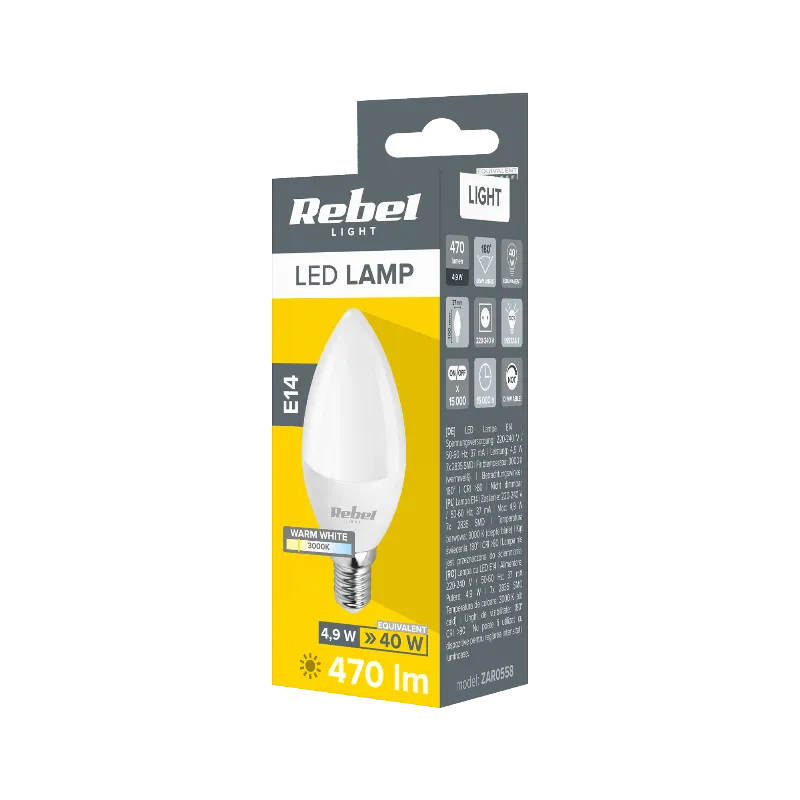 Bec LED E14 lumanare Rebel 4,9 W, 470 lm, 3000 K, alb cald