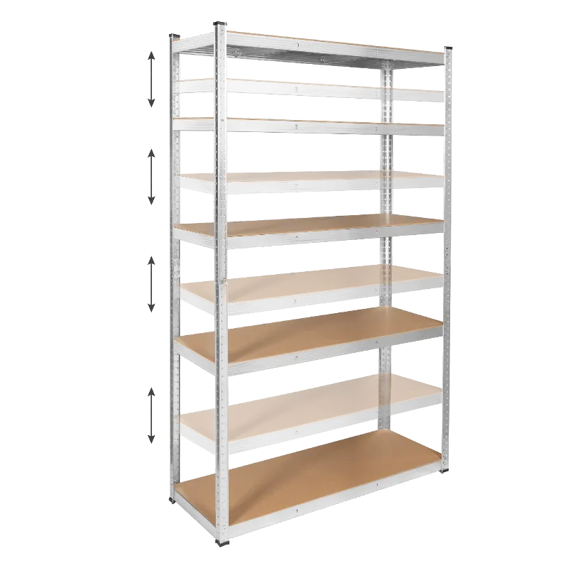 Raft metalic de depozitare Rebel, 5 polite MDF, 205 x 120 x 45 cm, 875 kg, argintiu